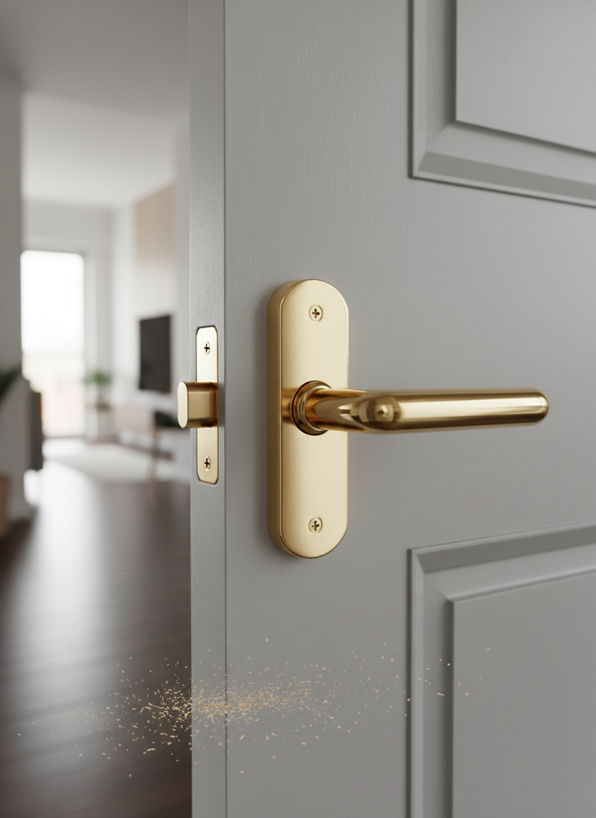 An interior photographic realism close-up of a residential door in a Capital Federal apartment, captured just as the latch retracts, showing the door slightly ajar. The main focus is on a brand-new polished brass lock and matching handle installed in a clean, freshly drilled fitting, with fine wood shavings still visible on the floor nearby. The door is a painted light gray with subtle texture, contrasting with the warm brass hardware. Soft diffused daylight from an unseen window gently illuminates the scene, creating mild shadows and a calm, secure atmosphere. Shot from a slightly elevated angle, with the foreground lock in sharp focus and the apartment interior blurred behind, the composition suggests a successful lock change and a satisfied customer returning to a safe home.