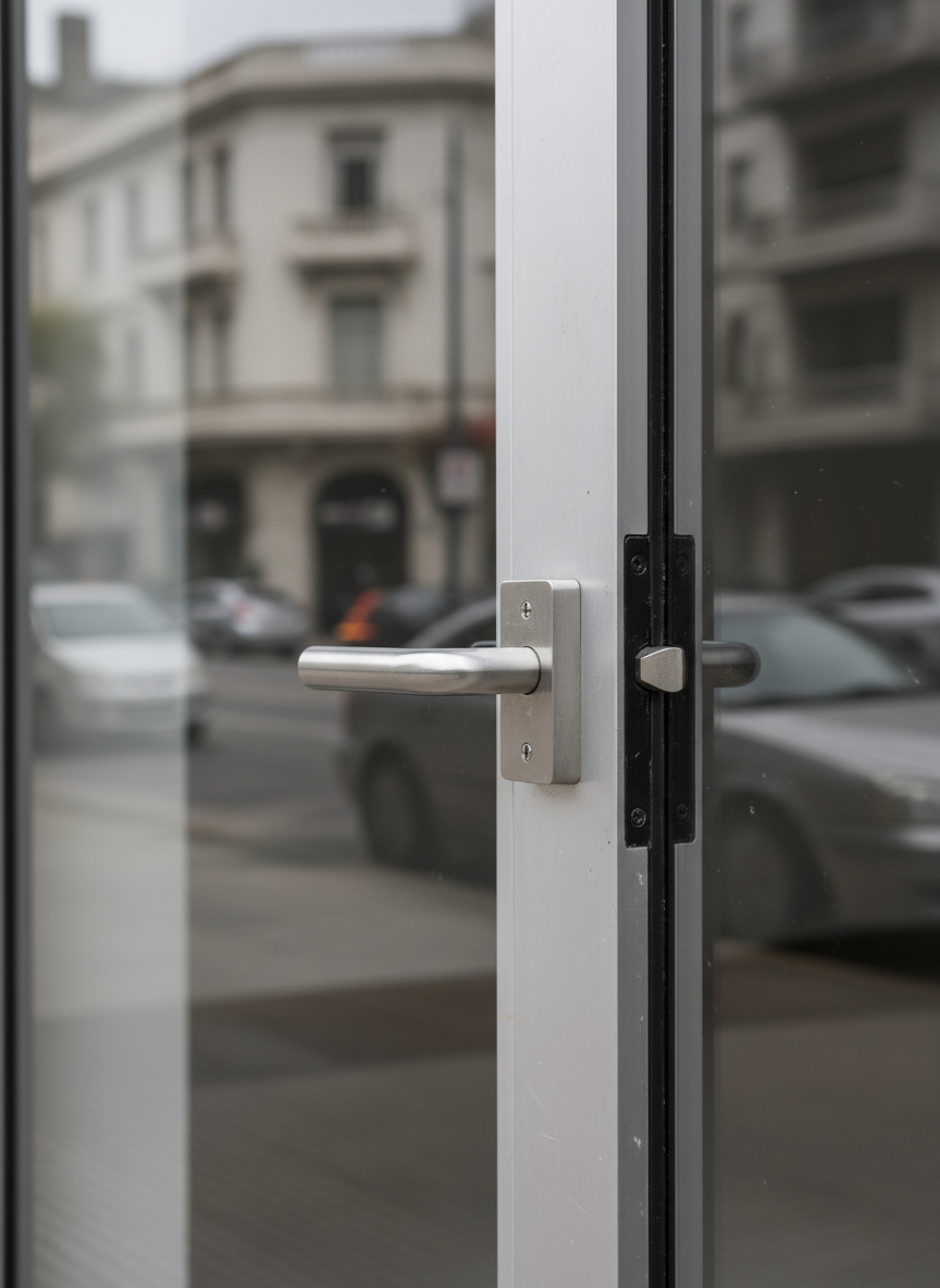 A photographic realism image of a sturdy commercial glass-and-aluminum storefront door in Capital Federal, viewed from outside on a bright but slightly overcast day. The central subject is the modern, rectangular mortise lock and heavy-duty handle, freshly installed, with faint fingerprints and minute tool marks suggesting recent professional work. Reflections in the glass show a hint of the urban street with low-rise buildings and subtle traffic, but remain softly defocused to keep attention on the lock. Diffused daylight creates even lighting with gentle reflections running along the aluminum frame. Shot at an oblique angle using the rule of thirds, the composition balances the lock in the foreground with the calm street context, conveying secure business access and reliable service without any people in view.