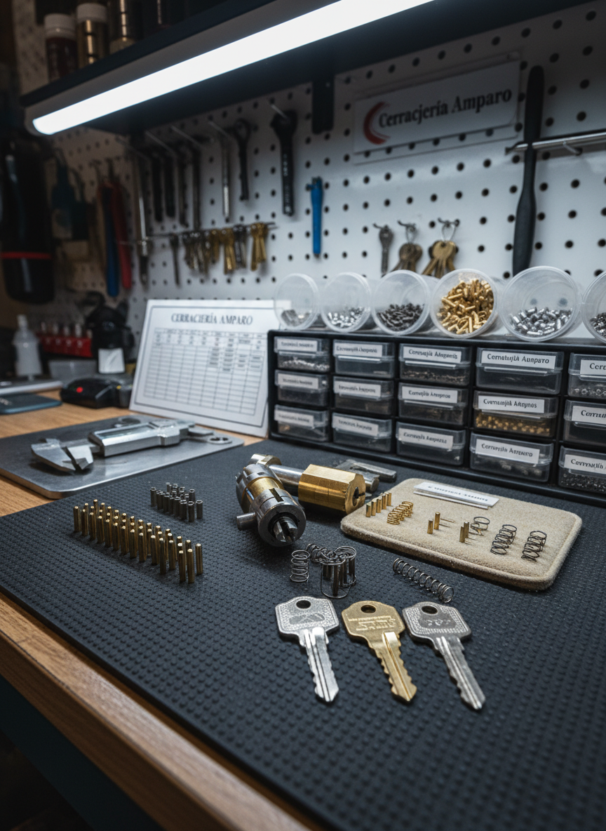 A detailed, photographic realism macro shot of a locksmith’s organized workbench, emphasizing precision and professionalism. The central focus is a partially disassembled high-security cylinder lock on a dark rubber mat, surrounded by neatly arranged tiny pins, springs, and polished keys cut with intricate patterns. Behind, labeled transparent containers hold assorted lock components, while a digital caliper and code-cutting chart sit to one side. Overhead cool-white workshop lighting creates crisp highlights on the metal parts and soft, controlled shadows, producing a technical, trustworthy atmosphere. The background is slightly blurred but hints at additional specialized tools and blank key racks. Shot from a slightly elevated angle with shallow depth of field, the composition communicates expertise, care, and the advanced capabilities of Cerrajería Amparo.