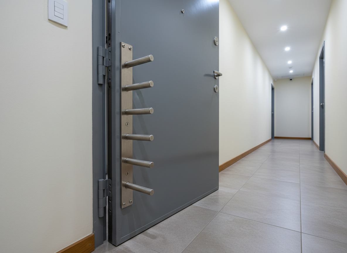 A photographic realism image of a solid armored entrance door half-open in a well-kept Buenos Aires apartment corridor, showing the complex multi-point locking system along the door’s edge. The metal bolts, thick hinges, and reinforced frame are captured in crisp detail, emphasizing strength and protection. The corridor floor has neutral ceramic tiles and pale walls with simple baseboards, evoking an everyday Capital Federal building. Neutral overhead lighting casts soft, even illumination with minimal shadows, creating a clear, technical view of the mechanism. Shot from a slightly low angle with sharp focus throughout, the composition feels professional and informative, highlighting secure locks and expert installation without any people present.