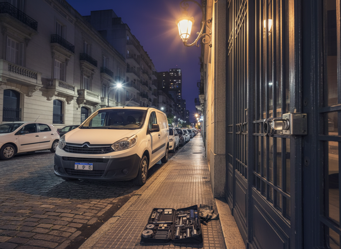 A nighttime, photographic realism scene of a modern white service van parked in a quiet Capital Federal street, positioned beside an apartment building entrance door. The focus is on the robust metal door with a new high-security lock installed, the cylinder gleaming under a warm overhead streetlight. Nearby, an open toolkit on the sidewalk reveals neatly organized lock cylinders, screwdrivers, and precision tools, suggesting emergency locksmith service without showing any person. The street is calm, with parked cars and subtle building facades fading into soft bokeh. The lighting mixes warm streetlight and cooler ambient city glow, creating gentle shadows and highlights. Shot at a three-quarter angle, the mood communicates rapid 24/7 response and professionalism.