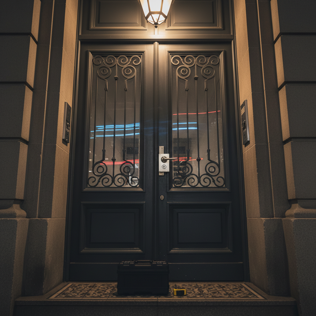 A dramatic but clean photographic realism night scene of a sturdy apartment building entrance in Capital Federal, captured as an emergency locksmith job has just been completed. The heavy metal door with decorative bars is closed securely, featuring a new, robust deadbolt lock in satin chrome that catches the warm pool of light from a wall-mounted lantern above. A subtle reflection of distant city lights appears on the door’s painted surface. On the tiled entrance step, a closed professional-grade tool case and a coiled measuring tape rest neatly, hinting at rapid 24/7 service without showing any human figure. Shot at a low angle, with moderate depth of field and gentle shadows, the mood is safe, calm, and reassuring after a stressful lockout.