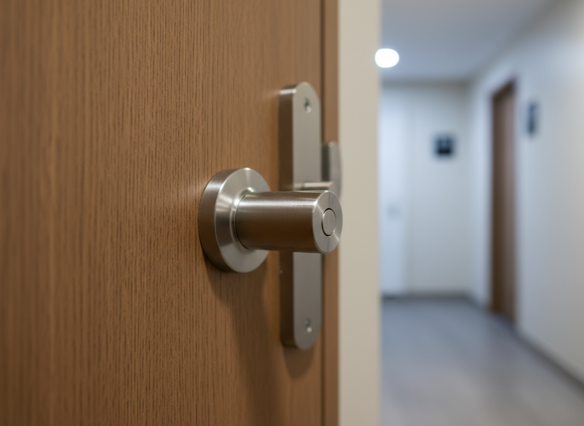 A close-up, photographic realism scene of a sturdy modern door in a typical Capital Federal apartment building, with a high-security cylindrical lock in brushed steel as the main focus. The door surface shows subtle wood grain in a warm walnut tone, with a clean metal handle beside the lock. In the blurred background, a tidy hallway with neutral walls and discreet apartment numbers suggests an urban residential setting. Cool, even lighting from overhead fixtures creates soft reflections on the metal surfaces and gentle shadows along the door’s edges. Shot at eye level with a shallow depth of field, the composition centers the lock, conveying security, professionalism, and reliability, ideal for a locksmith’s homepage hero image.